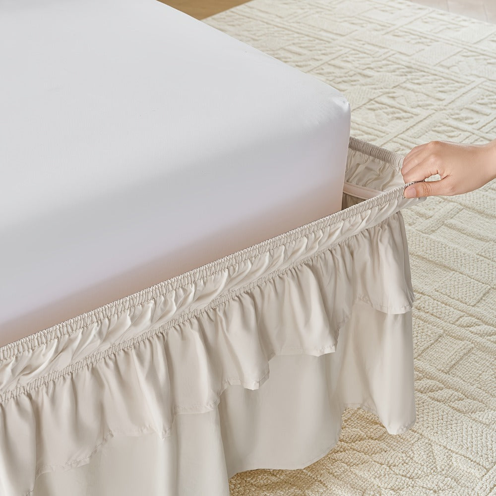 Double Ruffle Bed Skirt 16" Drop, Elastic Wrap Around Dust Ruffle for Twin Full Queen King Bed, Easy Install Linen Poly Blend Bedskirt