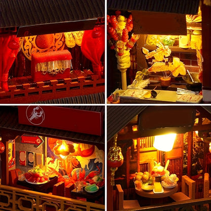 Book Nook Kit Chinese Food Street Miniature Dollhouse 3D Wooden Puzzle Bookshelf Insert DIY Model Building Set for Adults Teens