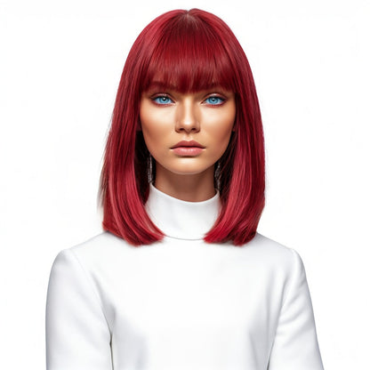 Synthetic Wig 12-Inch Straight Bob with Bangs and Rose Net Cap in Four Color Finishes for Daily Style