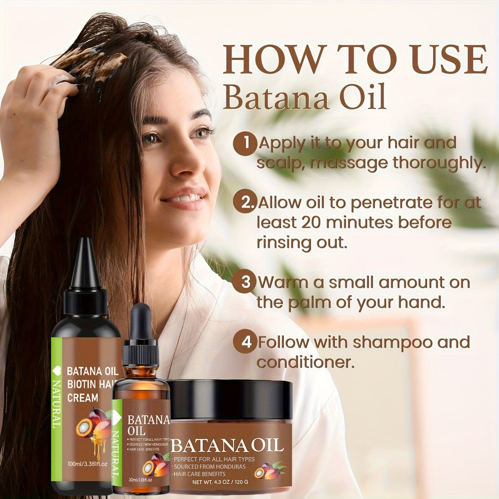 Honduran Batana Oil & Biotin 3-Piece Hair Care Set, Cold-Pressed Pure Extract, Nourishes Scalp, Strengthens Strands