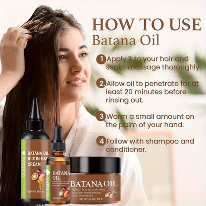 Honduran Batana Oil & Biotin 3-Piece Hair Care Set, Cold-Pressed Pure Extract, Nourishes Scalp, Strengthens Strands