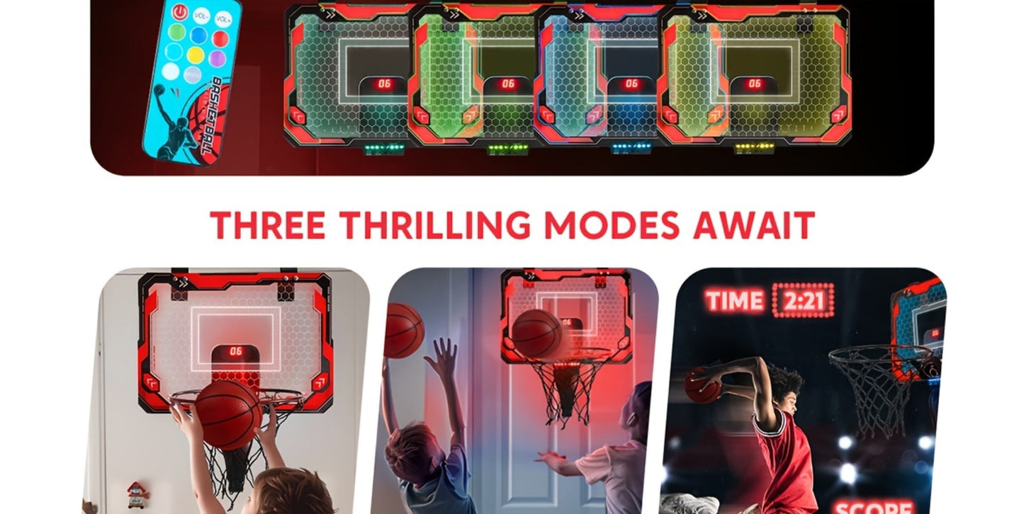 Indoor Basketball Hoop for Kids Over the Door, Light Up LED Scoreboard 4 Balls Air Pump 3 Game Modes 7 Light Shows