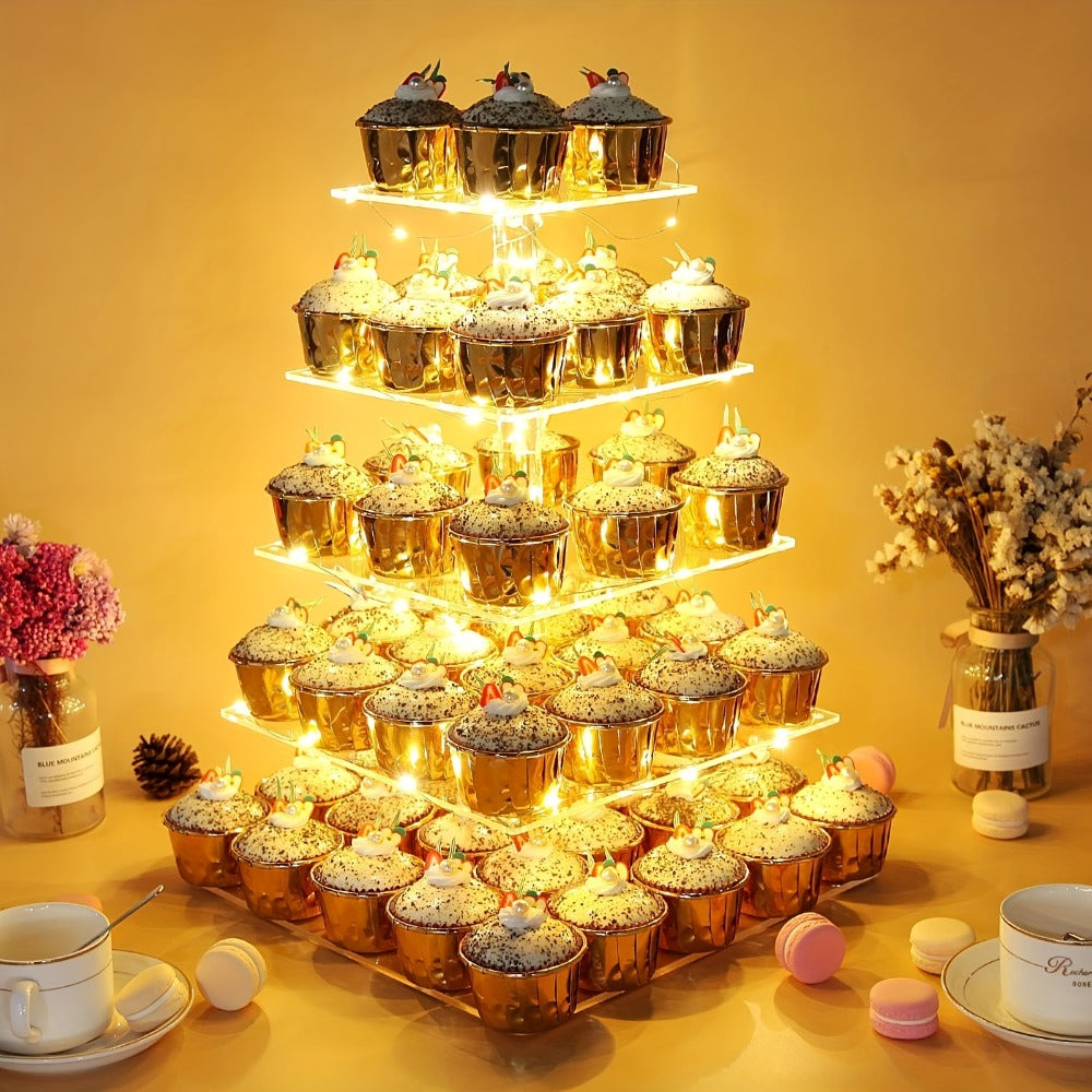 5-Tier Acrylic Cupcake Stand with LED String Lights for Entryways, Bedrooms and Living Spaces