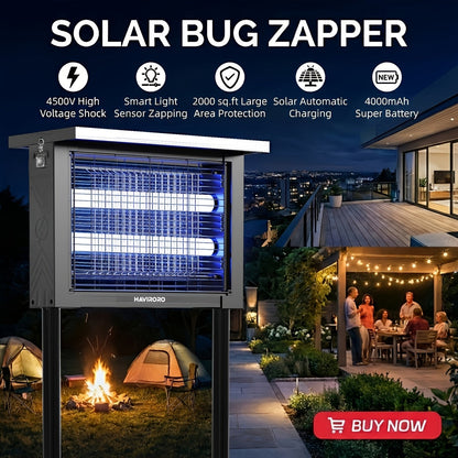 Rectangular Solar Bug Zapper with Blue Grid Light, Panel Top, Ground Stand and Hanging Chain in Black