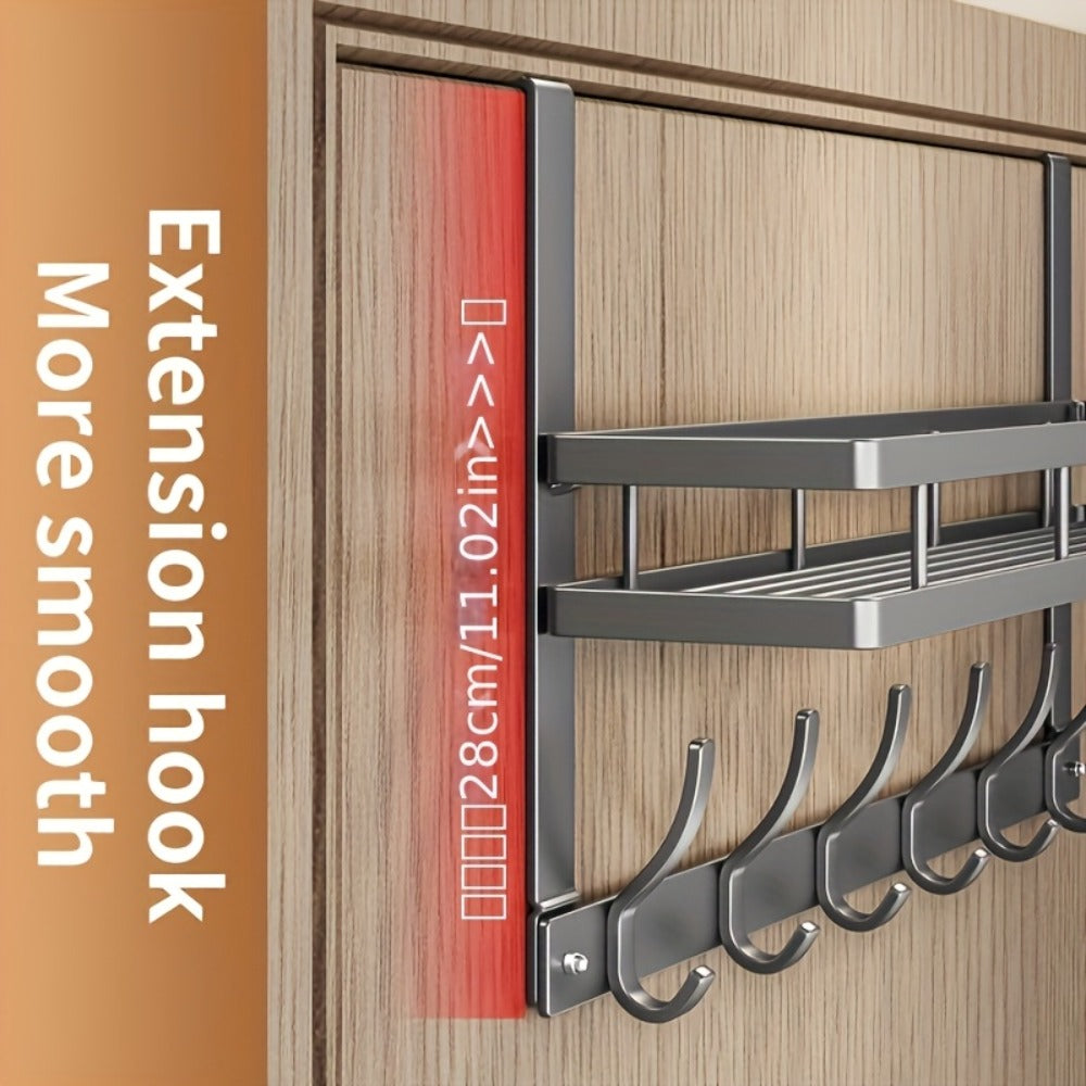 Over-the-Door Storage Rack with Metal Basket Shelf, 4 to 8 Hooks and Gray or Black Length Options