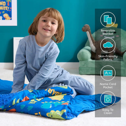 Kids Nap Mat with Removable Pillow & Minky Blanket - Roll-Up Sleeping Bag for Boys Girls, Blue Dinosaur Design