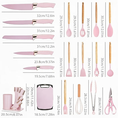Kitchen Knife Set 19-Piece with Stainless Steel Blades, Wood Handles, Silicone Utensils, Board, Shears and Holder