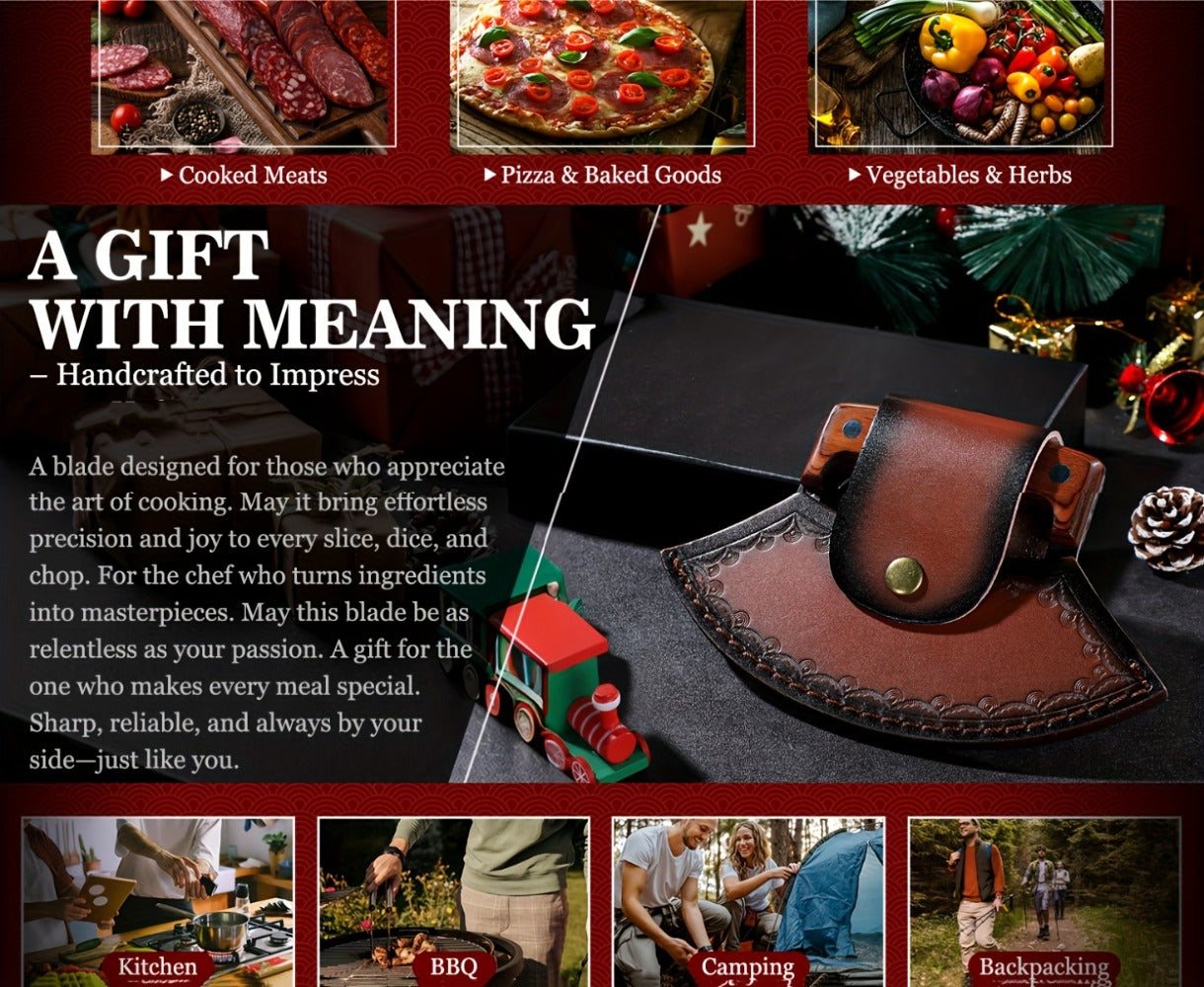 Hand-Forged Ulu Knife Rocker Blade High Carbon Steel Full Tang Rosewood Handle with Leather Sheath & Gift Box