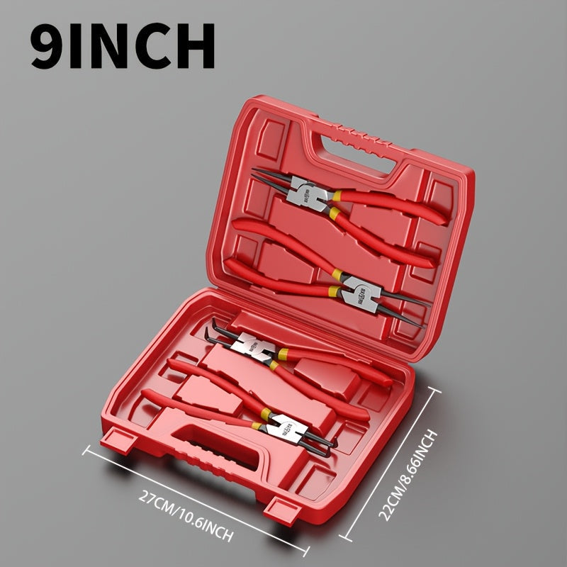 Four-Piece Snap Ring Pliers Set with Straight and Curved Jaws for Internal or External Rings in 7- or 9-Inch Sizes