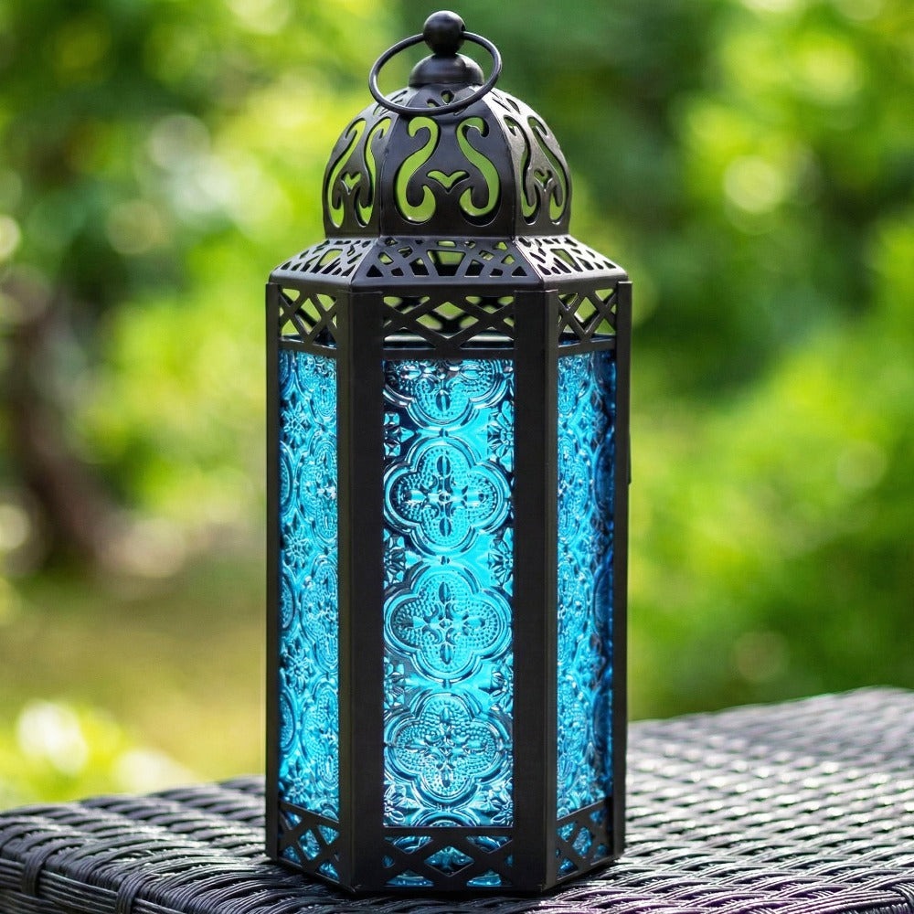Moroccan Candle Lantern Holder - Decorative Metal & Glass Lantern with Embossed Floral Design for Indoor Home Decor