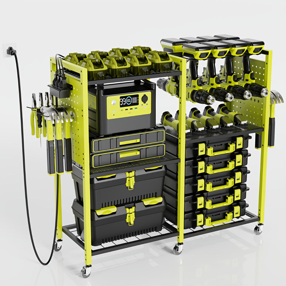 Mobile Tool Cart with Charging Station, 12 Drill Holders & 5 Storage Shelves Power Tool Organizer