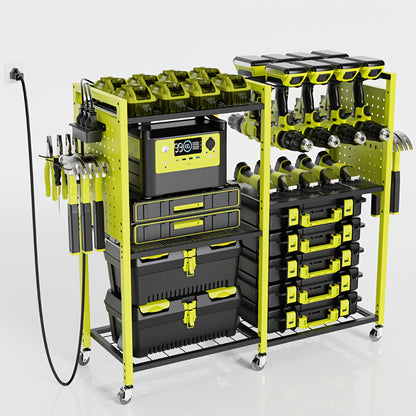 Mobile Tool Cart with Charging Station, 12 Drill Holders & 5 Storage Shelves Power Tool Organizer