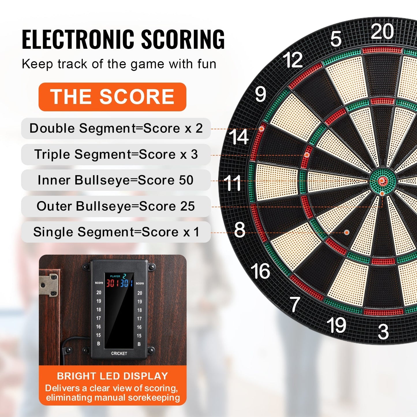 Electronic Dartboard Cabinet Set with LED Scoring – 13.5" Soft Tip, 40 Games 590 Variations, Retro Wood Cabinet, 1-8 Players