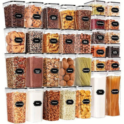 Pantry Canister Food Storage Organizer 64-Piece Plastic Set with Labels and Marker for Kitchen and Pantry Organization