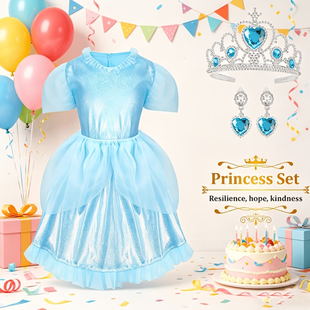 Girls Princess Dress Up Costume Set 14pcs, 5 Role Play Outfits with Crowns, Earrings & Storage Box
