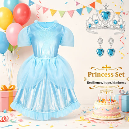 Girls Princess Dress Up Costume Set 14pcs, 5 Role Play Outfits with Crowns, Earrings & Storage Box