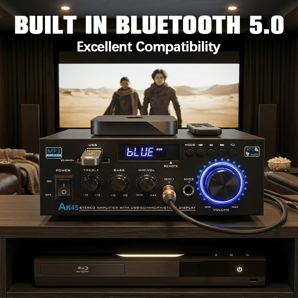 400W Bluetooth 5.0 Stereo Amplifier Receiver AK45, 2-Channel Home Audio Power Amp with Karaoke, FM Radio, USB MMC SD Card