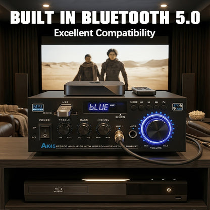 400W Bluetooth 5.0 Stereo Amplifier Receiver AK45, 2-Channel Home Audio Power Amp with Karaoke, FM Radio, USB MMC SD Card
