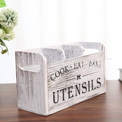 Wooden Kitchen Utensil Holder 3 Compartment Countertop Organizer, Rustic Wood Kitchen Tool Storage Box Wall Mounted or Countertop