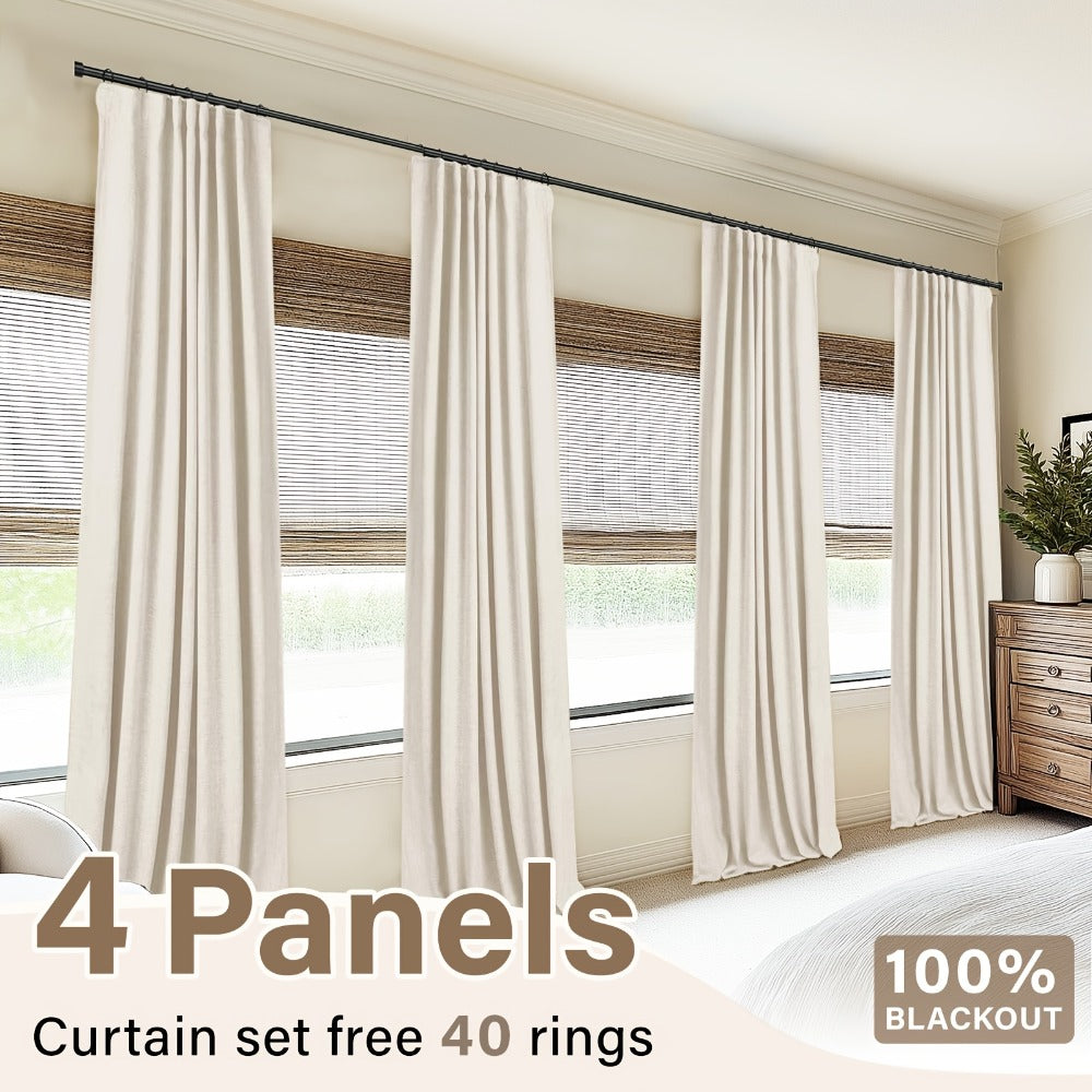 100% Blackout Curtains 4 Panels Faux Linen Textured Thermal Insulated Drapes – Room Darkening Window Curtains for Living Room Bedroom