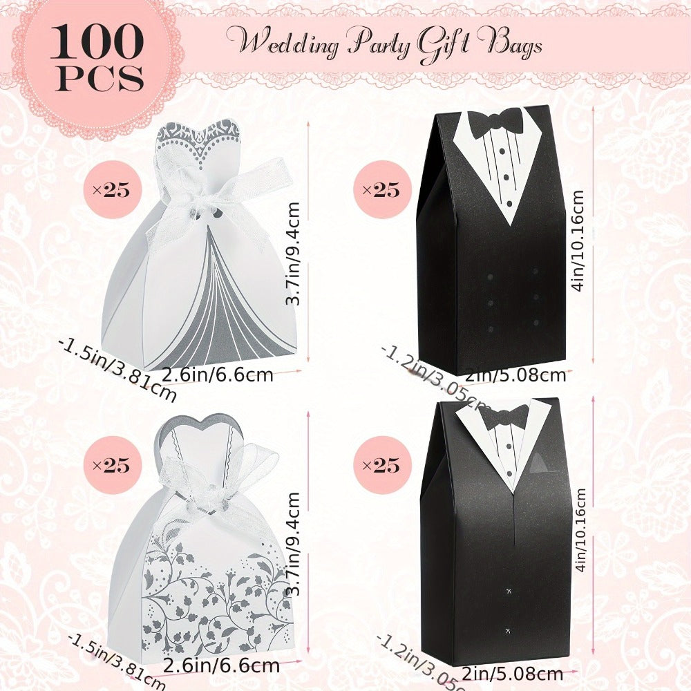 100 Pcs Wedding Party Favor Boxes Dress & Tuxedo Candy Gift Boxes with Ribbon, Vintage Bridal Shower Birthday Bags Bulk Decoration