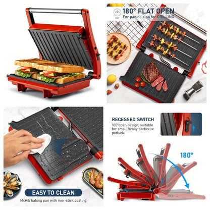Panini Press Grill 3-in-1 Electric Indoor Grill with Non-Stick Plates - 180° Flat Grill for Entryways, Bedrooms and Living Spaces