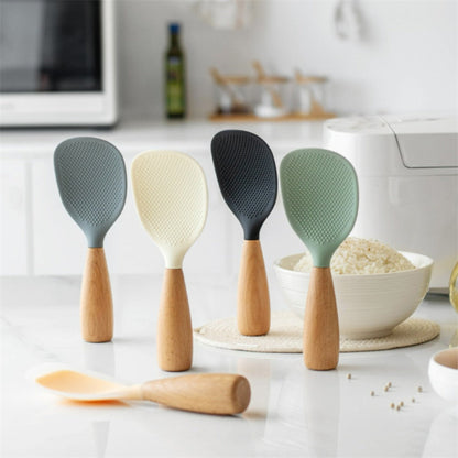 Silicone Rice Spatula Serving Spoon 2 Pack Wooden Handle Heat Resistant Durable Standing for Home Cooking, Dining and Outdoor Meals