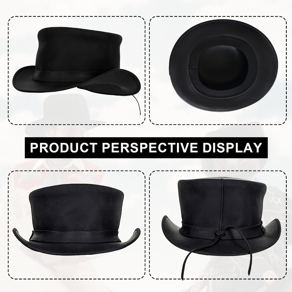 Genuine Leather Top Hat Steampunk Gentleman Shapeable Brim, Real Cowhide Low Crown Topper for Men & Women S-3XL