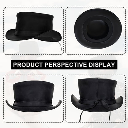 Genuine Leather Top Hat Steampunk Gentleman Shapeable Brim, Real Cowhide Low Crown Topper for Men & Women S-3XL