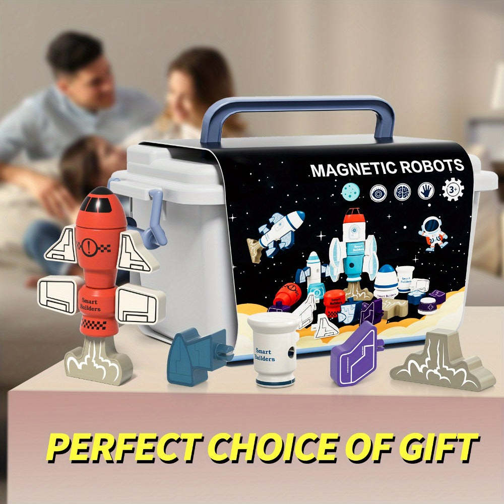 Magnetic Robot Building Toy for Kids Ages 3-5, 33-Piece STEM Stacking Playset with Storage Box, Rocket Robot & Monster Styles