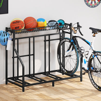 Freestanding Bike Storage Stand with Basket & Hooks, Adjustable Floor Rack for 3-4 Bikes, Indoor Outdoor Garage Organizer