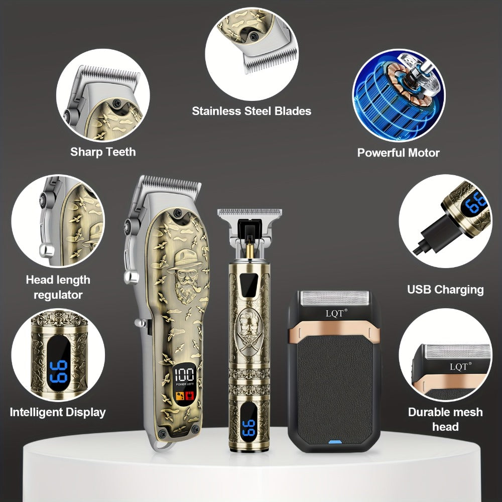 LQT Bronze Hair Clipper Set with Digital Displays, USB Charging and Choice of 2-, 3- or 4-Device Kits