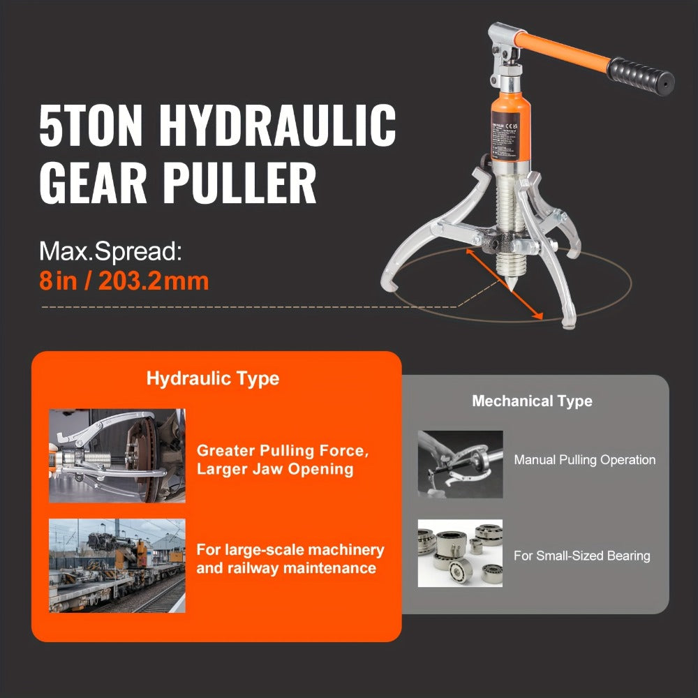 Hydraulic Gear Puller 5 Ton – 2/3 Jaw Wheel Bearing Puller & Hub Separator, 8" Jaw Capacity, Vertical & Horizontal Use