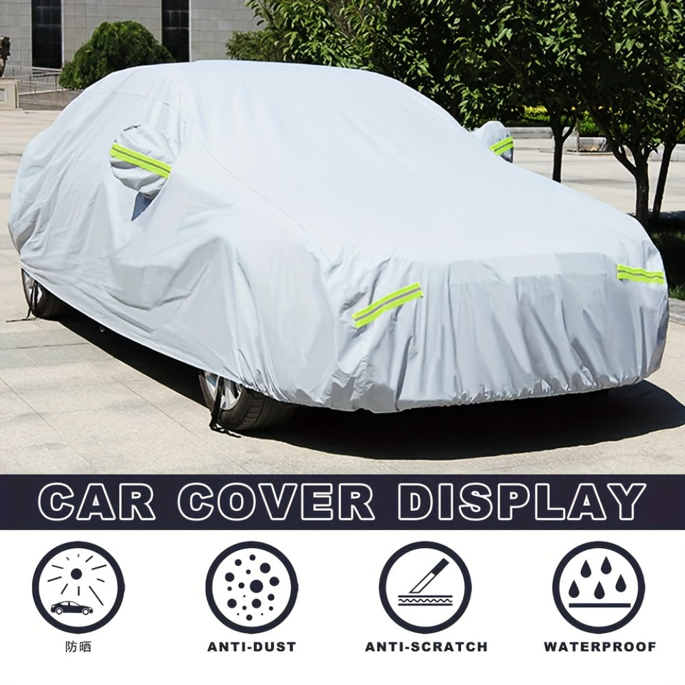 Silver 190T Full Car Cover with Reflective Tabs, Elastic Hem and XL or XXL Size Options for Sedans
