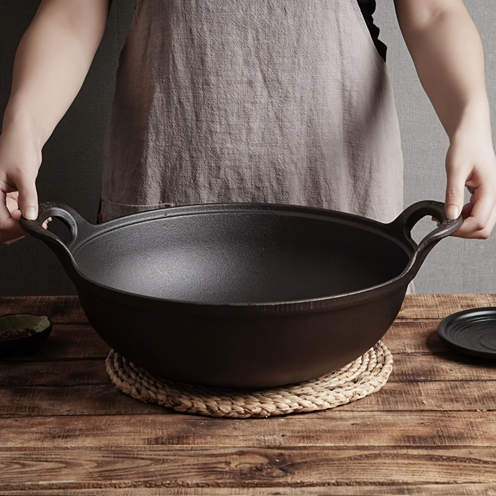 Cast Iron Wok Skillet Non-Stick Deep Stir Fry Pan with Dual Handles – Uncoated Traditional for Home Cooking, Dining and Outdoor Meals