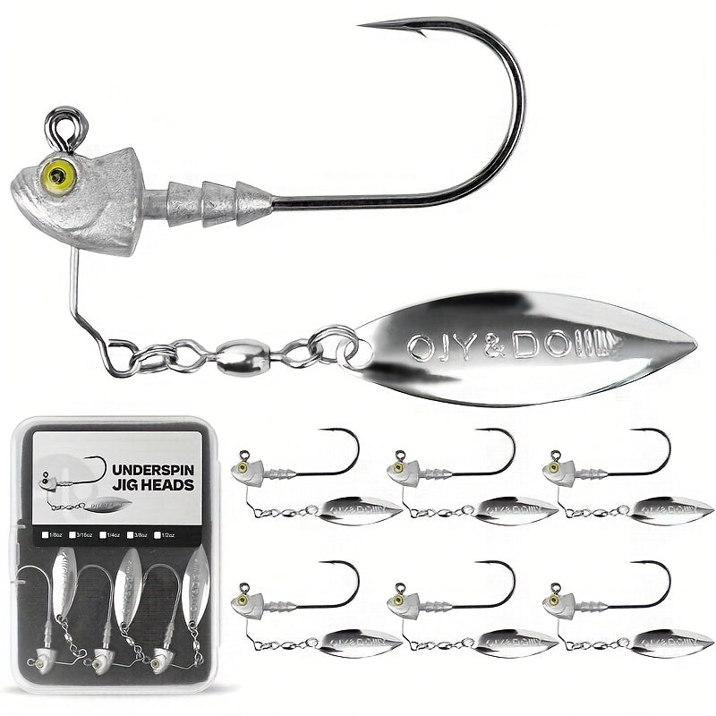 Underspin Jig Heads 6-Pack with 100% Brass Blade – Never Rust Rotating Spinner Jig for Bass & Saltwater Fishing – 3/16oz, 1/4oz, 3/8oz