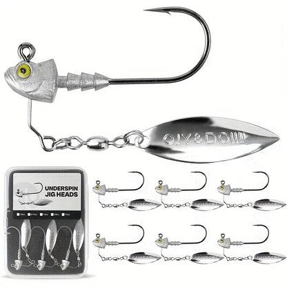 Underspin Jig Heads 6-Pack with 100% Brass Blade – Never Rust Rotating Spinner Jig for Bass & Saltwater Fishing – 3/16oz, 1/4oz, 3/8oz