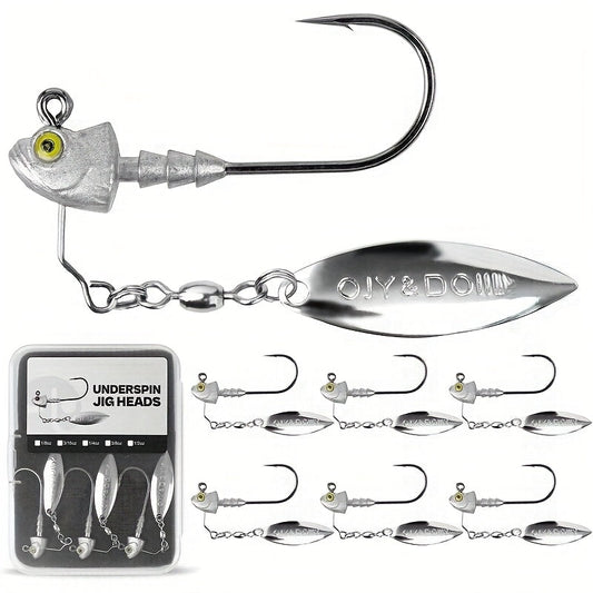 Underspin Jig Heads 6-Pack with 100% Brass Blade – Never Rust Rotating Spinner Jig for Bass & Saltwater Fishing – 3/16oz, 1/4oz, 3/8oz