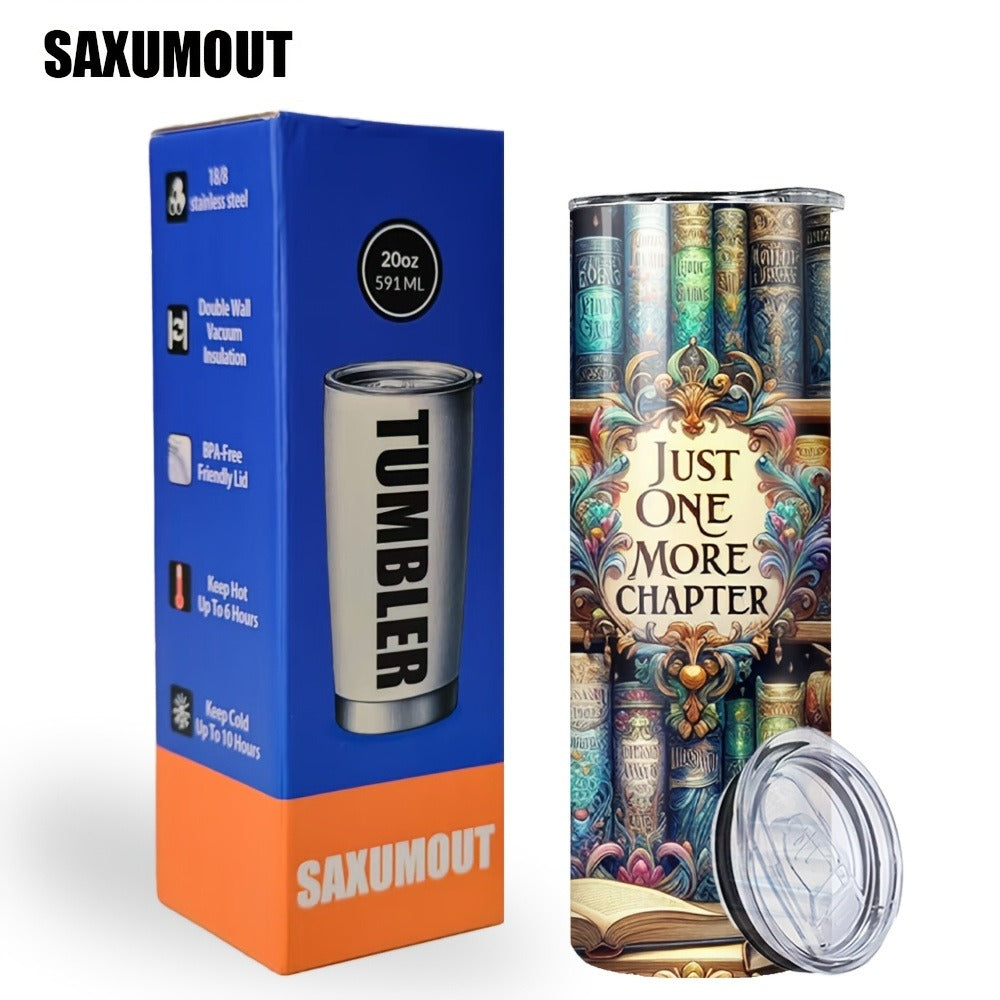 Insulated Tumbler Drinkware Bookshelf Graphic by SAXUMOUT, 20oz Stainless Steel Cup with Lid and Straw