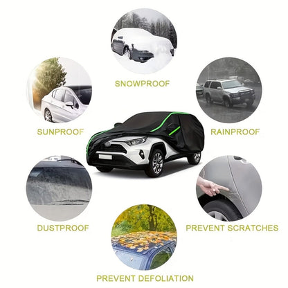 210T 6-Layer Full Car Cover for SUV & Sedan – All Weather Waterproof, UV, Snow & Dust Proof with Reflective Strips – XL & XXL Black