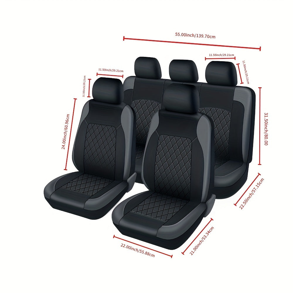 Five-Seat Quilted Car Seat Cover Set with Headrest Pieces in Black, Gray and Blue-Trim Color Options