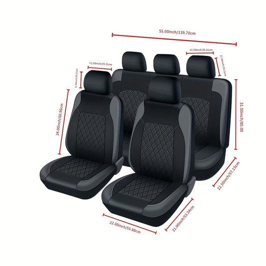 Five-Seat Quilted Car Seat Cover Set with Headrest Pieces in Black, Gray and Blue-Trim Color Options