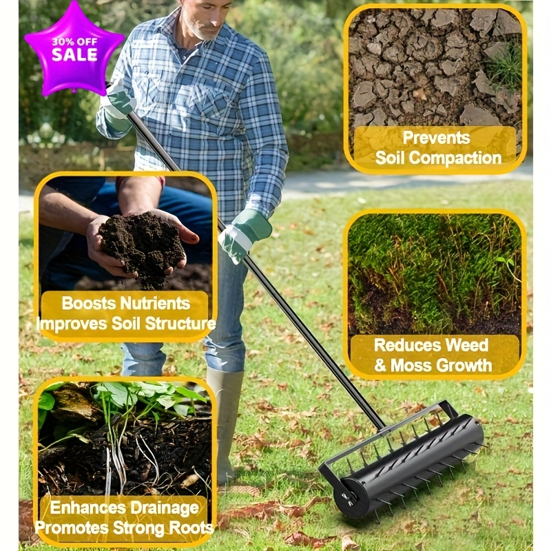 Lawn Aerator Manual 60" Long Handle with Large Tine Wheel, Metal Construction for Deep Soil Aeration