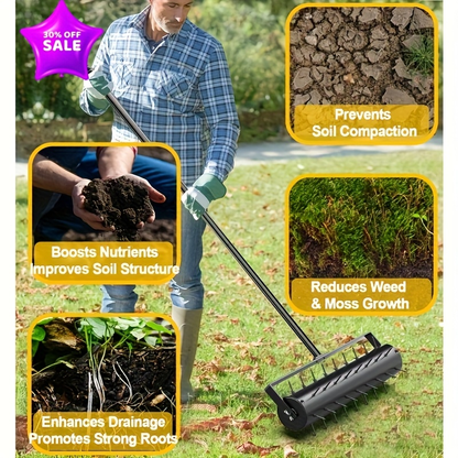 Lawn Aerator Manual 60" Long Handle with Large Tine Wheel, Metal Construction for Deep Soil Aeration