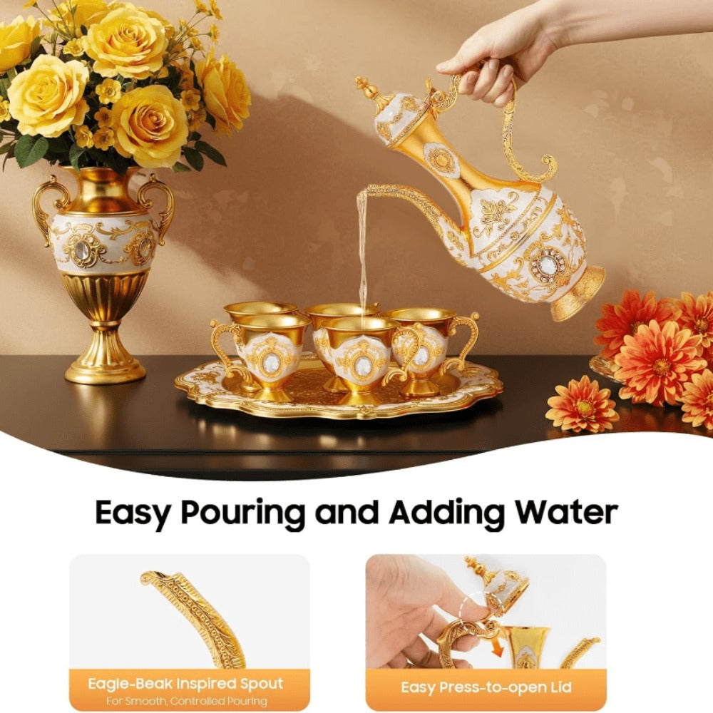 Vintage Turkish Coffee Tea Set – Zinc Alloy Teapot, 6 Cups & Tray | European Style Luxury Gift Set for Tea, Coffee & Cappuccino