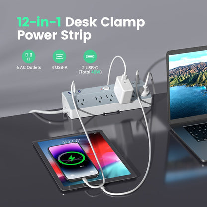 Power Strip Desk Clamp 12-in-1 with 6 AC Outlets, 4 USB-A, Dual PD 20W USB-C and 1800J Surge Rating