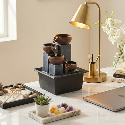 Tabletop Water Fountain Indoor, 4-Level Desktop Waterfall with LED Lights & Natural River Stones