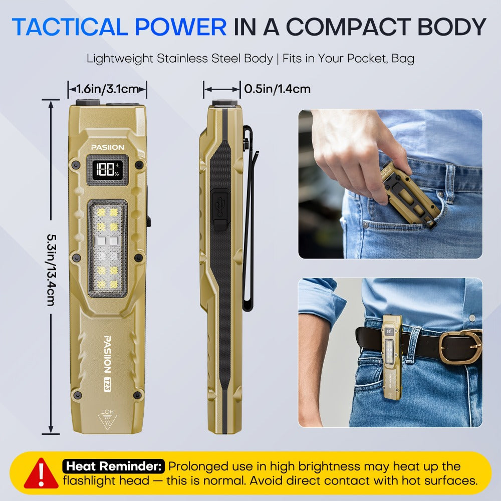 EDC Tactical Flashlight 1500 Lumen USB Rechargeable, Flat Slim Pocket Flashlight High CRI 5 Modes Red Warning Light