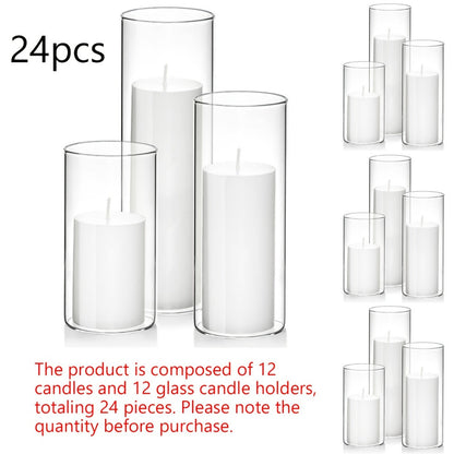Pillar Candles with Clear Glass Hurricane Holders, Unscented White Cylinder Candles & Vases for Wedding Centerpieces