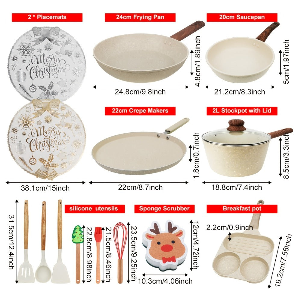 Cookware Set ABKOK 7-, 12- or 15-Piece Beige Pots and Pans with Lids, Steamer and Utensils
